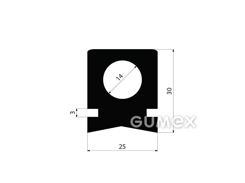 Geformtes Gummiprofil mit Loch, 30x25mm, 60°ShA, SBR, -40°C/+70°C, schwarz, 